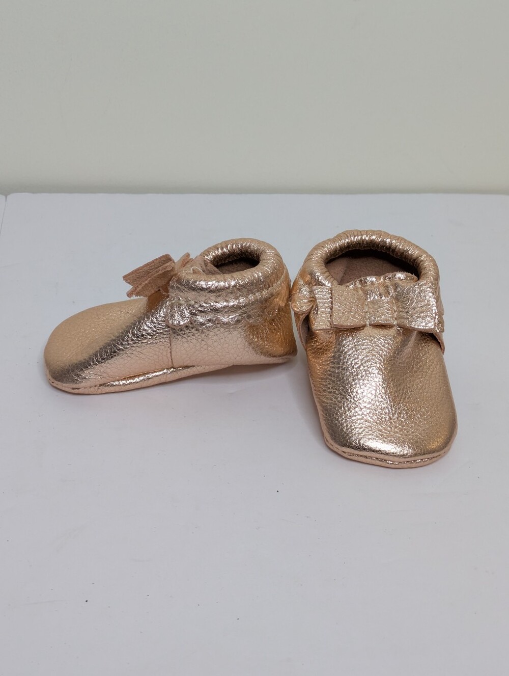 Freshly Picked Rose Gold Baby Moccasins with Bows 2T